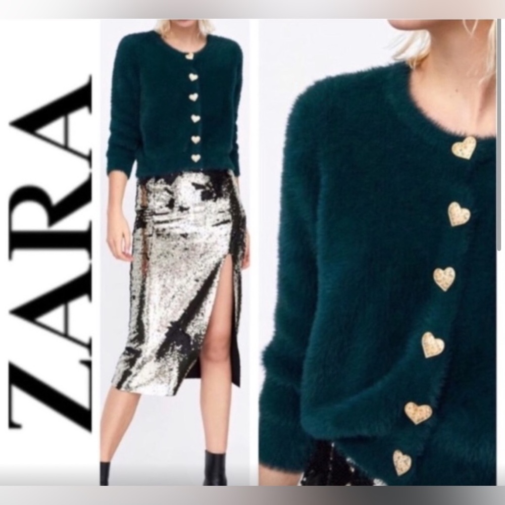 Zara Fuzzy Knit Cardigan with Jewel Heart Buttons-RARE Size small